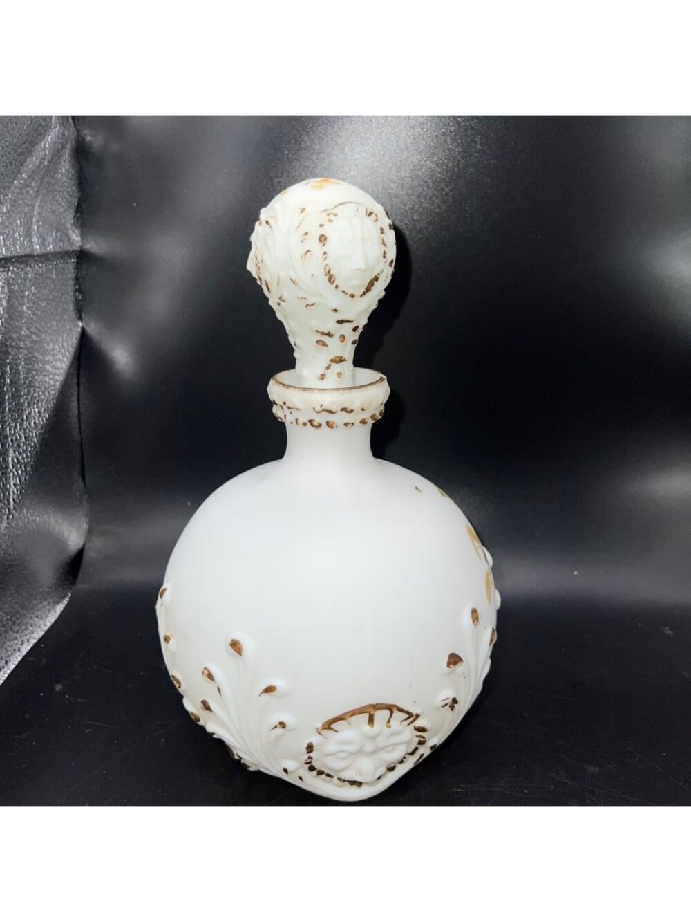 Antique White Milk Glass Dithridge Decanter Stopper HandPainted Gold Lion Head